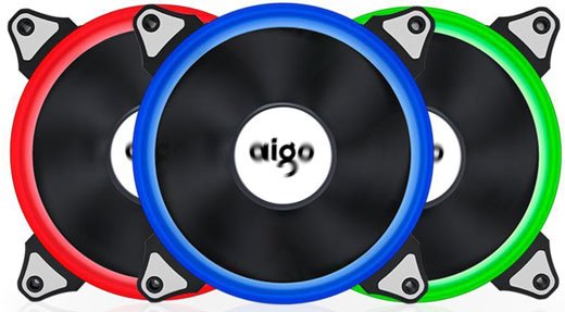 Three Aigo R3 120mm RGB LED Fan. At the front and center is a fan with blue LED ring, behind it are two fans side by side, with left one having red LED ring and the right one having green LED ring